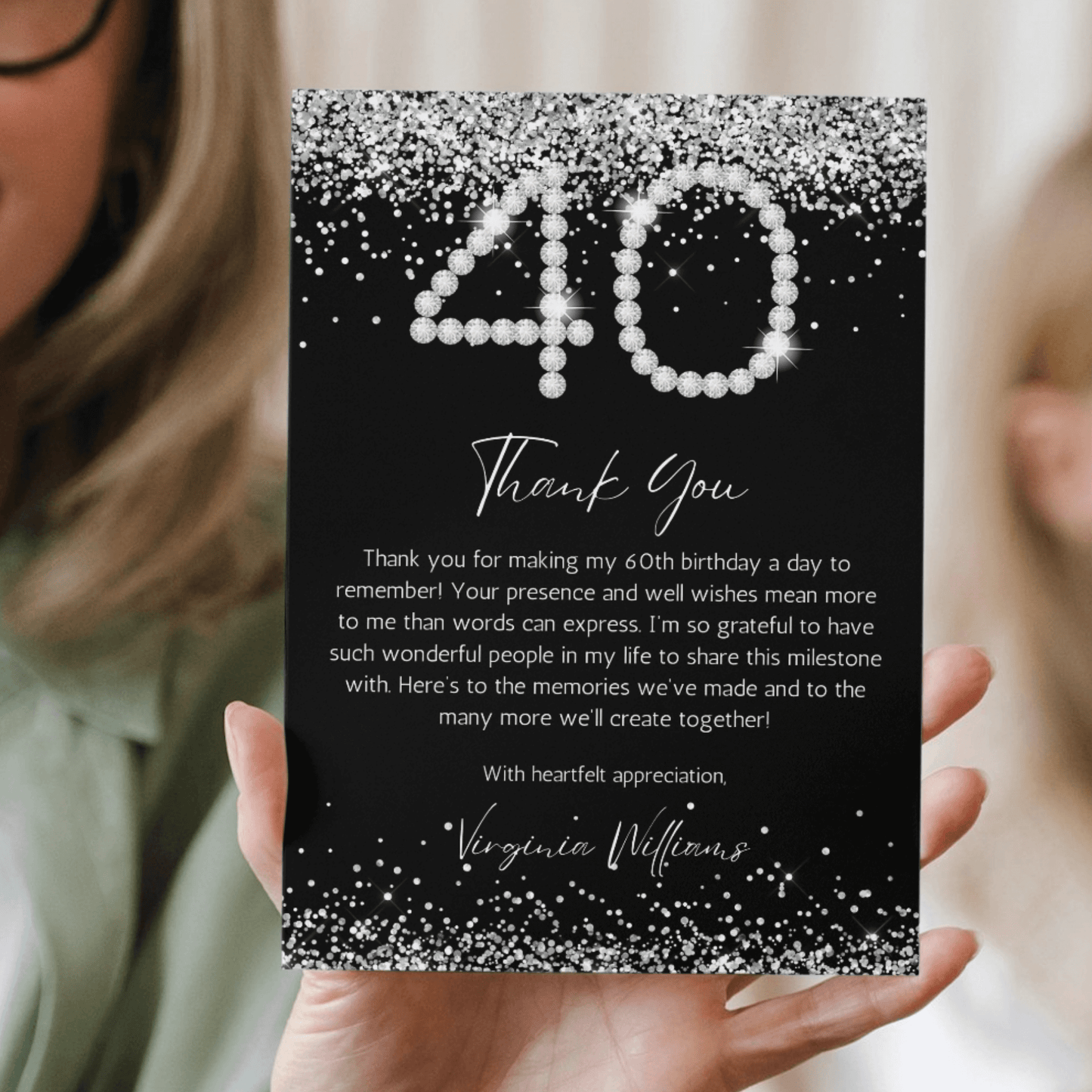 Silver Glitter birthday thank you card