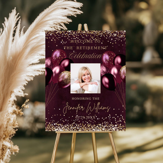 Editable Burgundy and Gold Retirement Welcome Sign