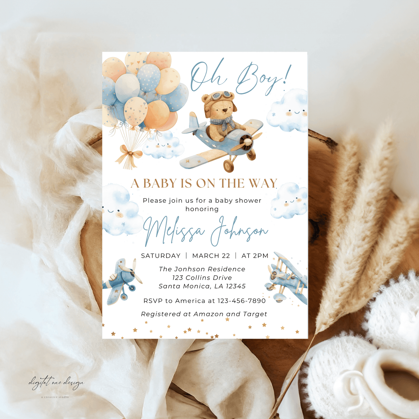 Airplane Bear Baby Shower Invitation Set