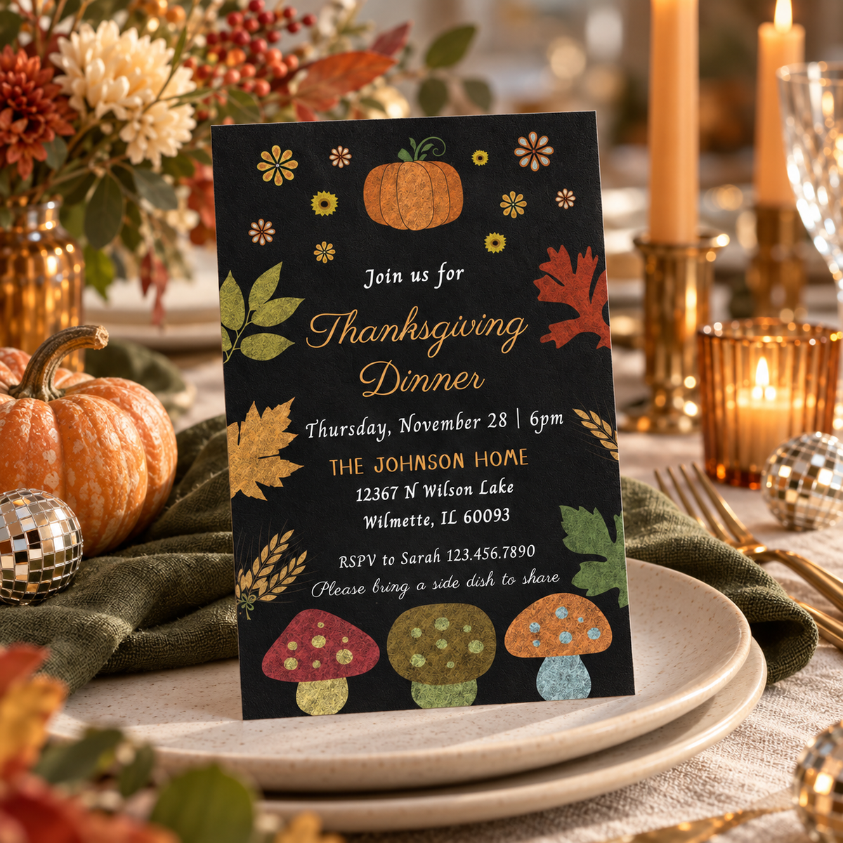 Editable Rustic Fall Dinner Party Invitation Template featuring autumn leaves, pumpkins, and festive colors for Thanksgiving dinner.