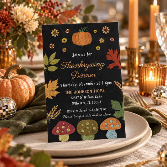 Editable Rustic Fall Dinner Party Invitation Template featuring autumn leaves, pumpkins, and festive colors for Thanksgiving dinner.