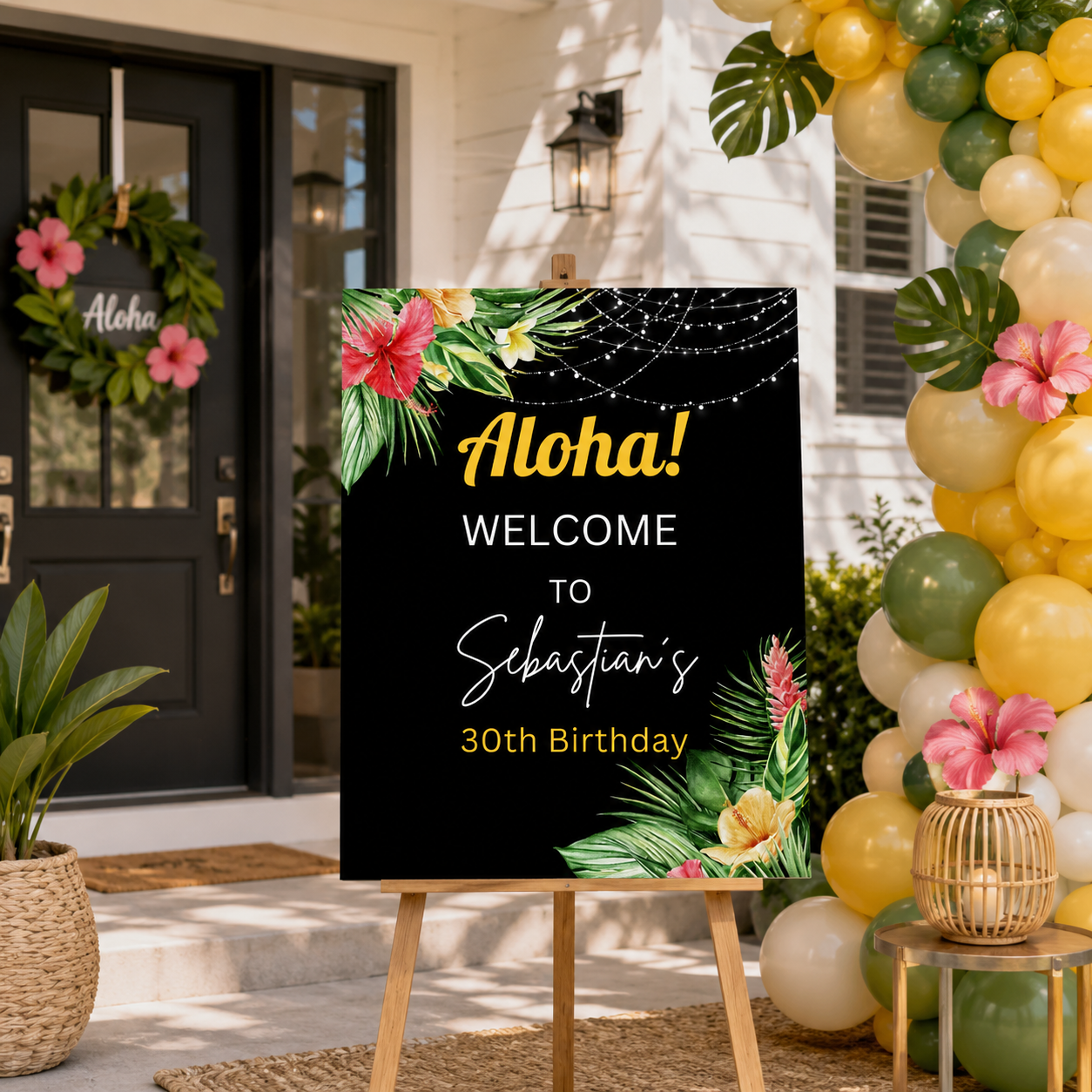 Editable Tropical Aloha Hawaiian Birthday Welcome Sign decoration for Sebastian's 30th birthday party.