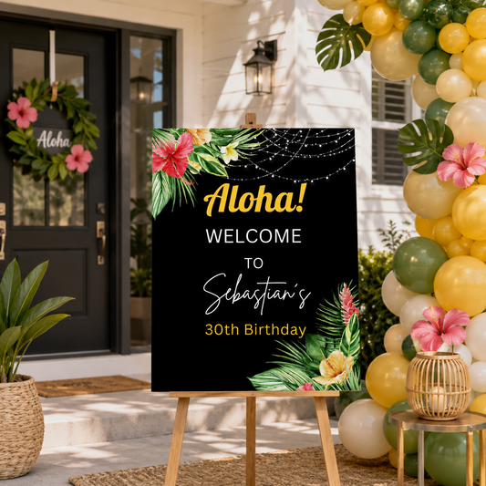 Editable Tropical Aloha Hawaiian Birthday Welcome Sign decoration for Sebastian's 30th birthday party.
