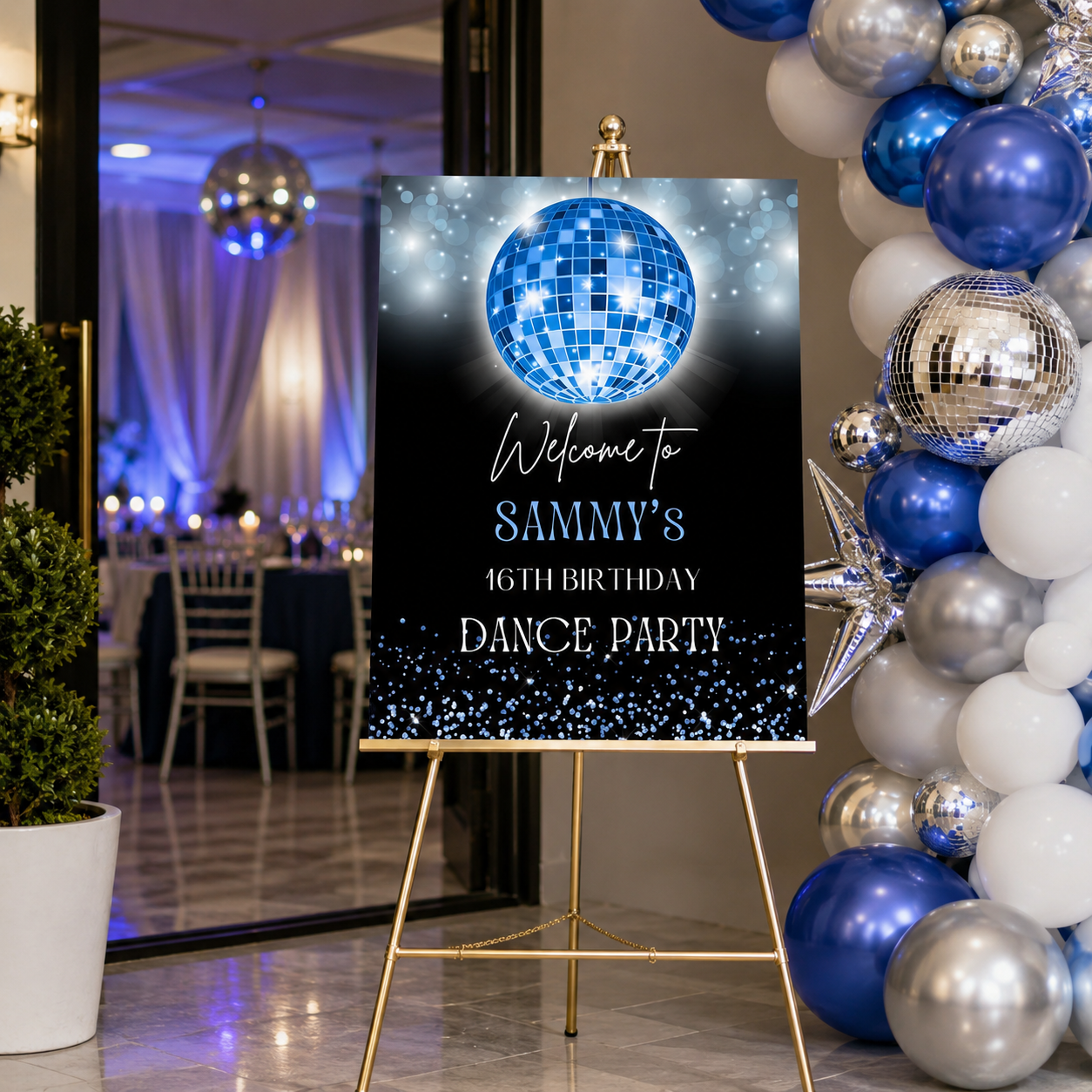 Blue Disco Ball Birthday Party Welcome Sign Template for Sammy's 16th birthday dance party decoration.