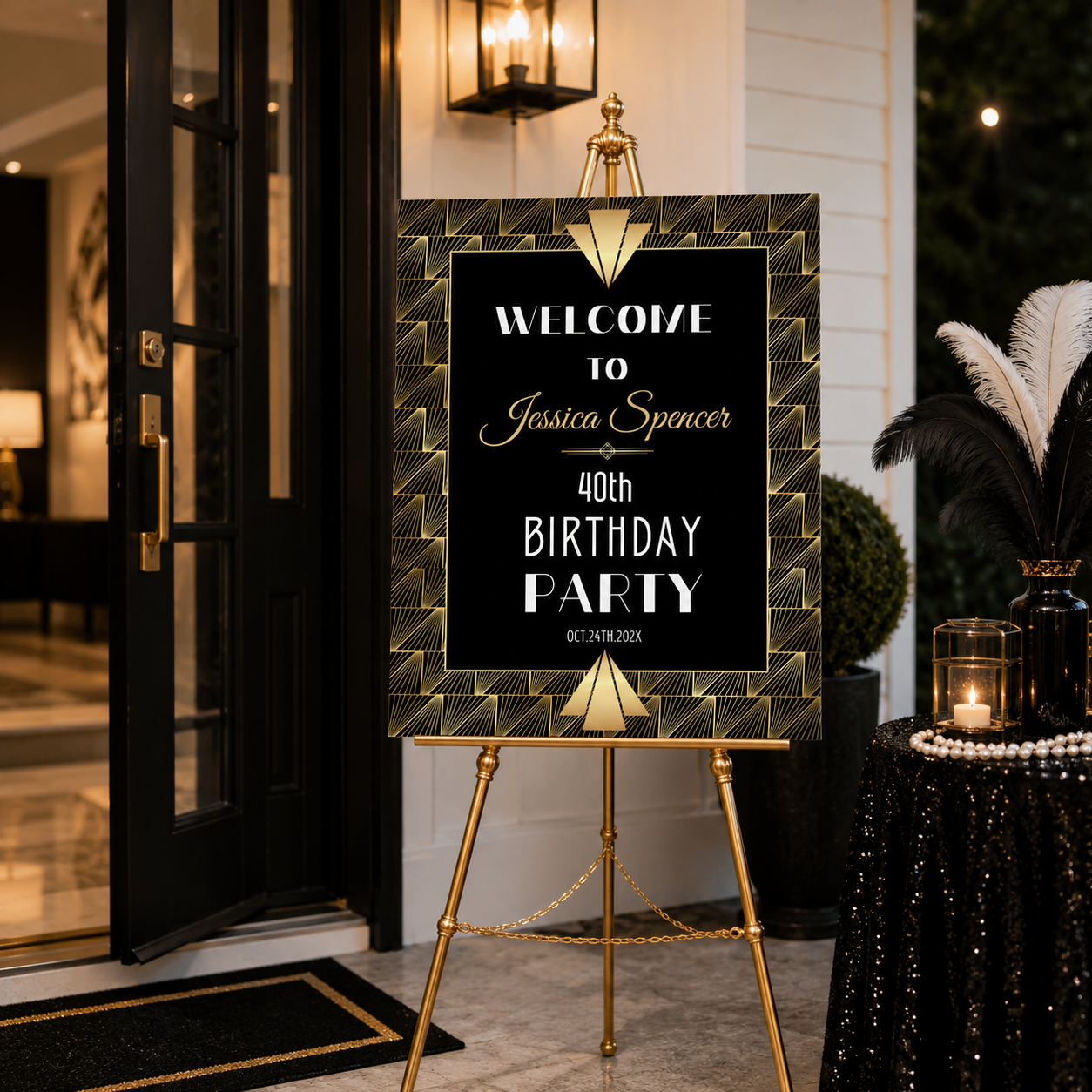 Black and Gold Gatsby Birthday Party Welcome Sign designed for Jessica Spencer's 40th Birthday Party.