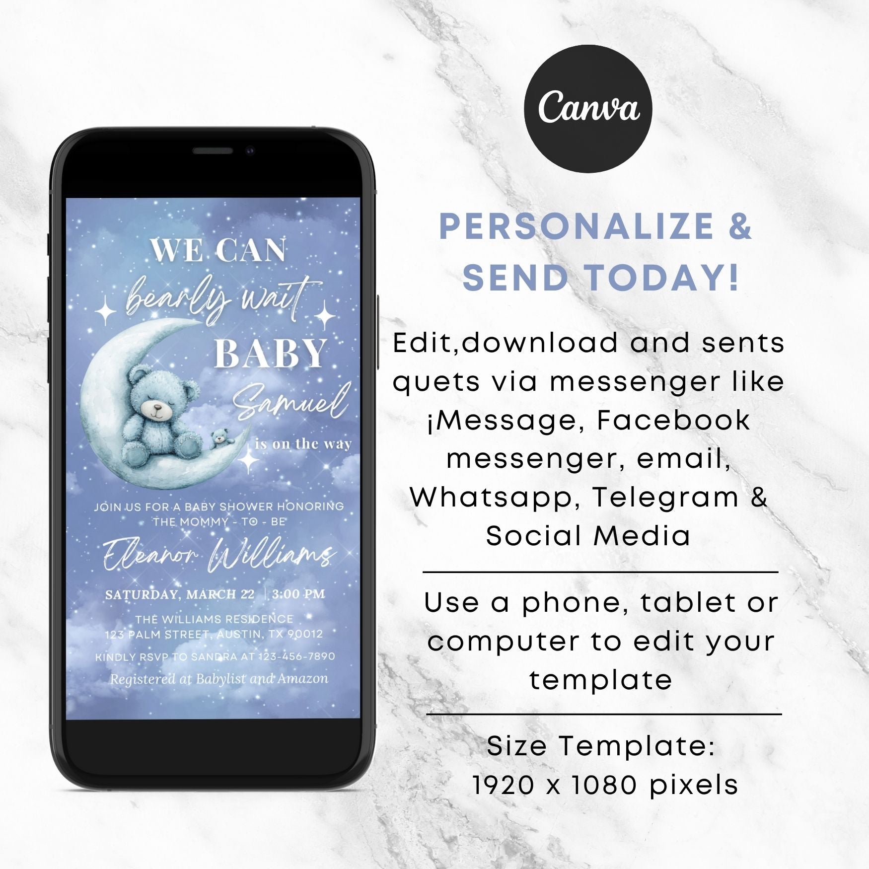 Baby shower invitation on a phone screen with Canva branding and text about personalization and sending.