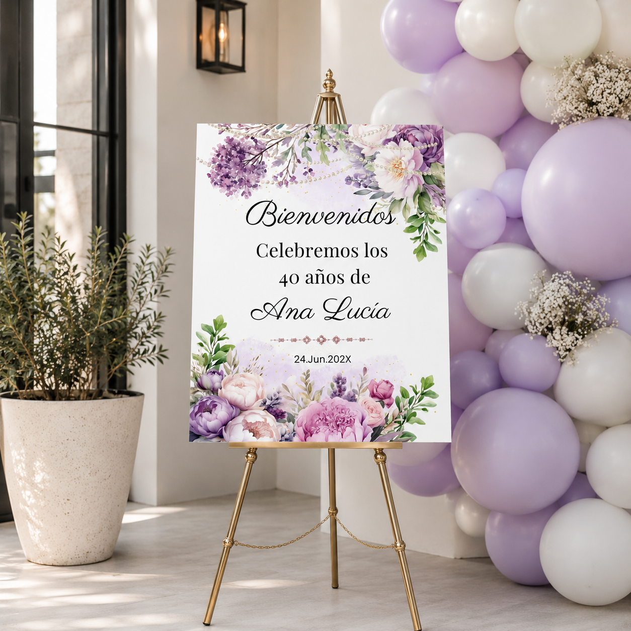 Elegant Spanish Welcome Sign with Purple Florals & Pearls showcased at a celebration with balloons.