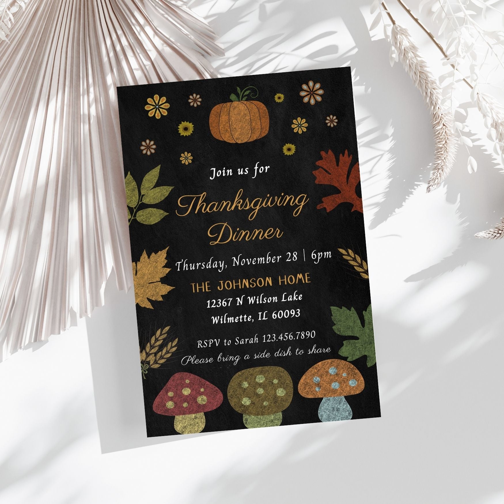 Thanksgiving dinner invitation with pumpkins, leaves, and mushrooms on a black background.