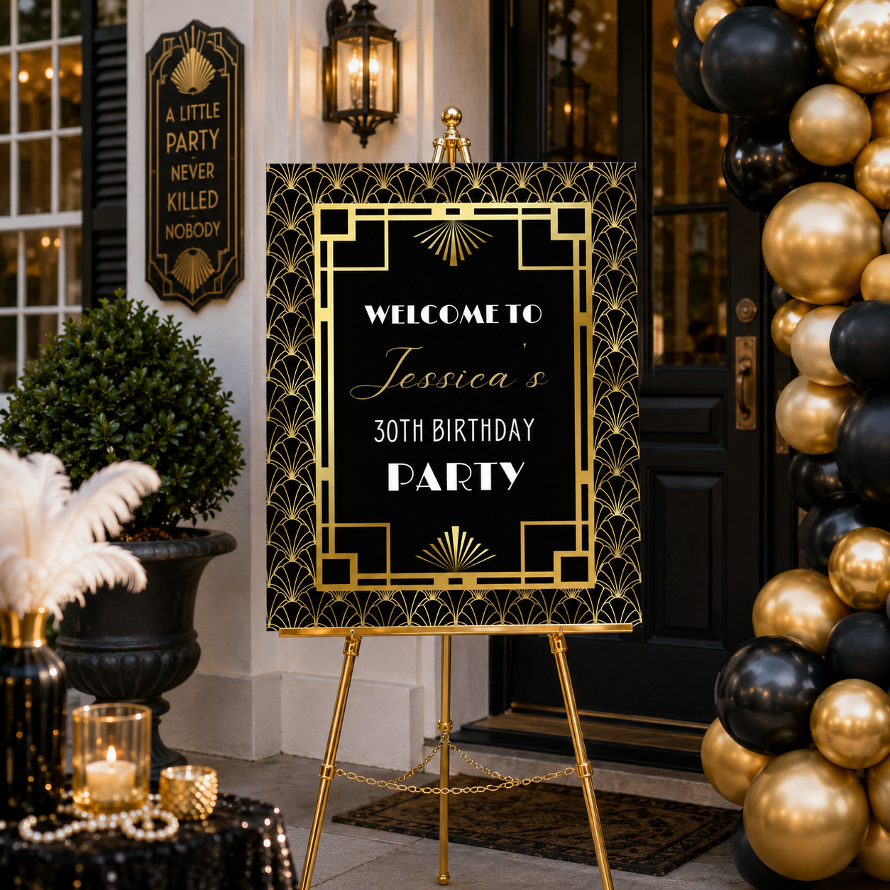 Art Deco Gatsby 1920's Birthday Party Welcome Sign featuring black and gold design for a birthday celebration.