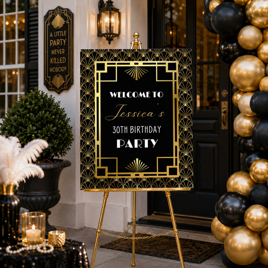 Art Deco Gatsby 1920's Birthday Party Welcome Sign featuring black and gold design for a birthday celebration.