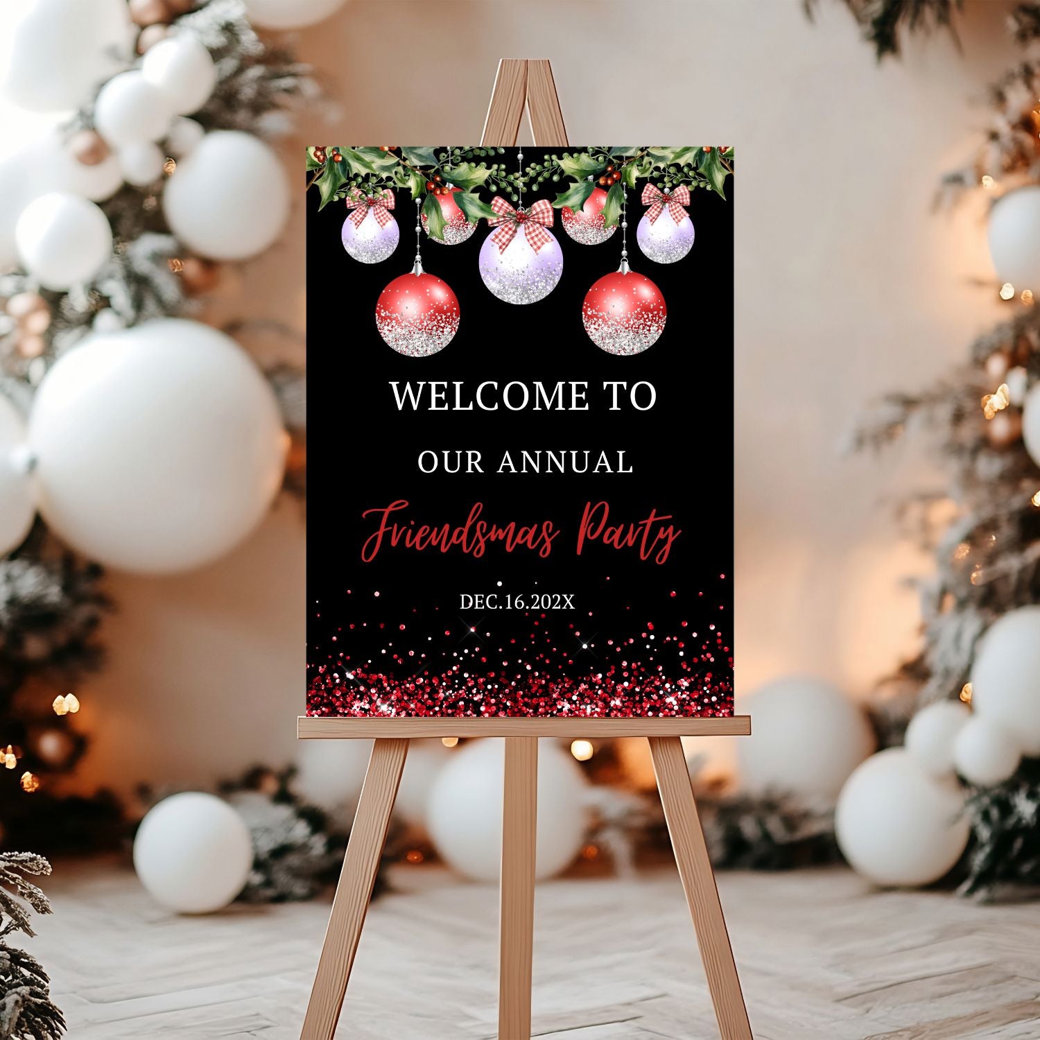 Editable Red silver Friendsmas party sign
