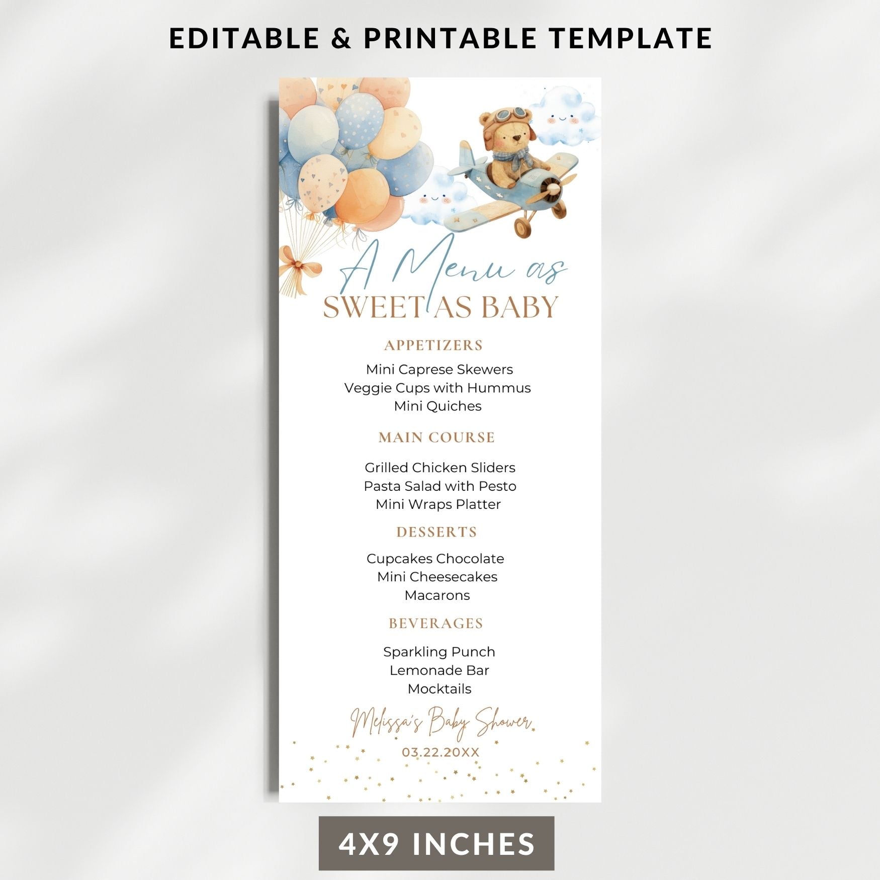 Baby shower menu template with teddy bear and balloons on a white background