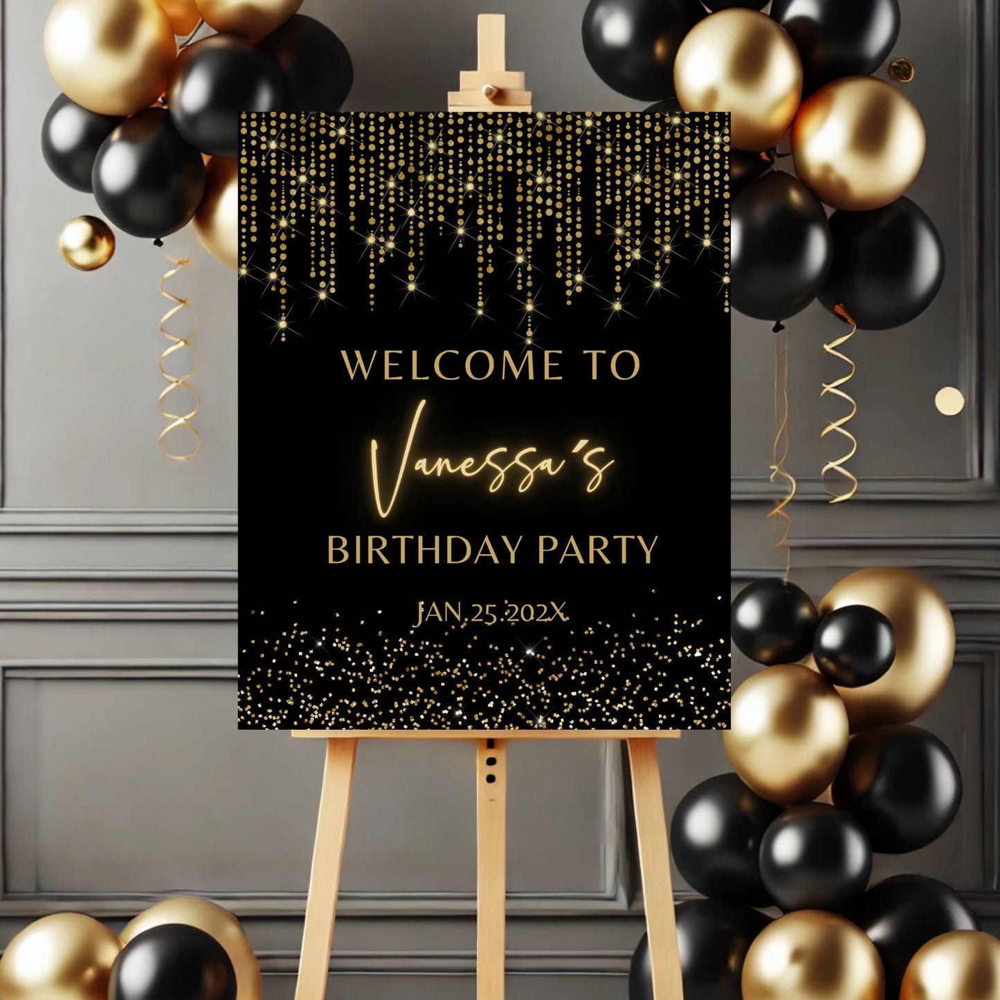 Gold Birthday party welcome sign with balloons on a decorative wall