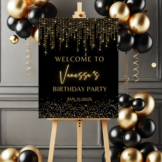 Gold Birthday party welcome sign with balloons on a decorative wall