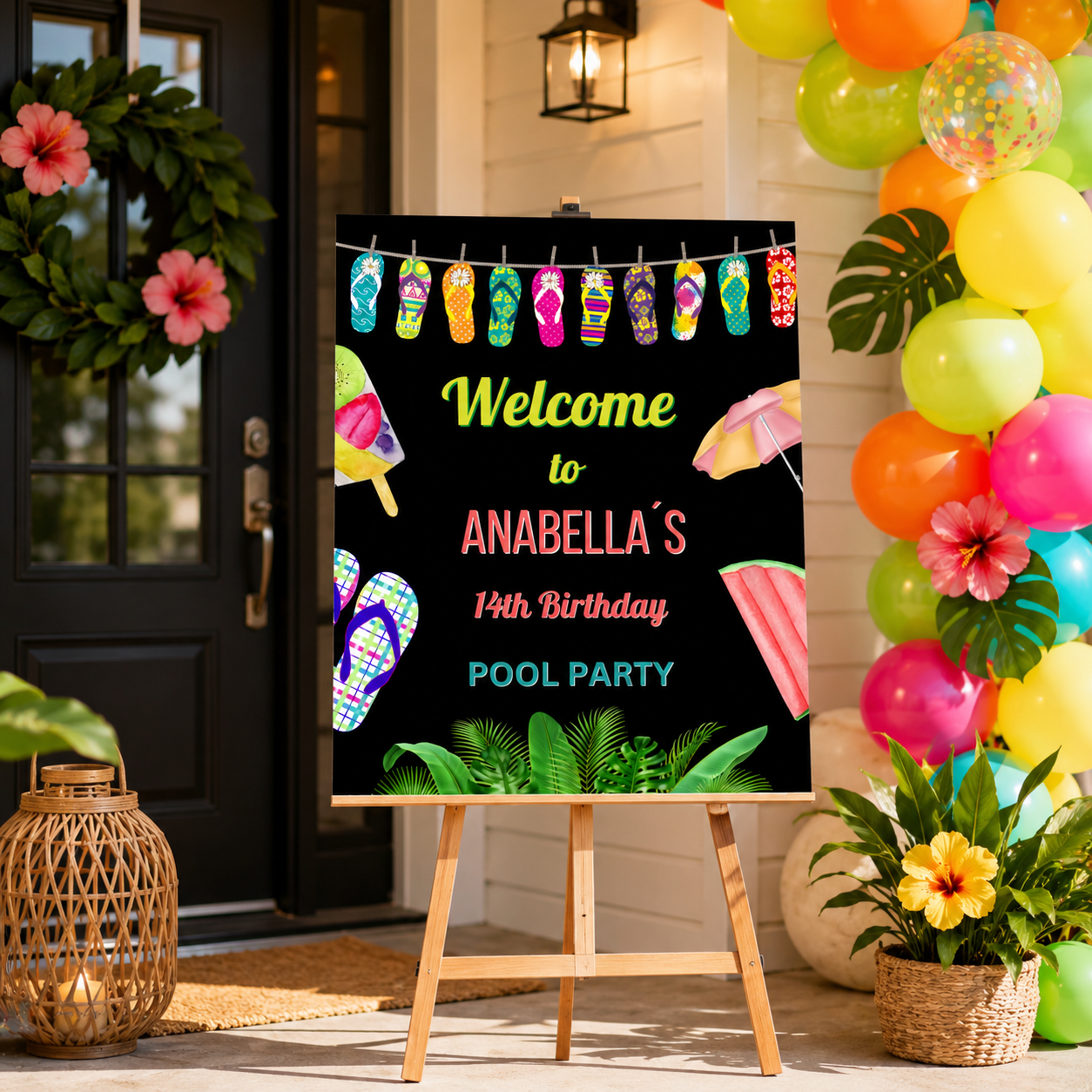 Colorful Flip Flops Pool Party Welcome Sign Template for Anabella's 14th Birthday Party entrance.