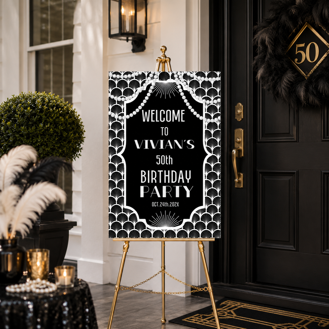 Welcome sign for Vivian's 50th birthday party featuring Black and White Gatsby Party Welcome Sign design.
