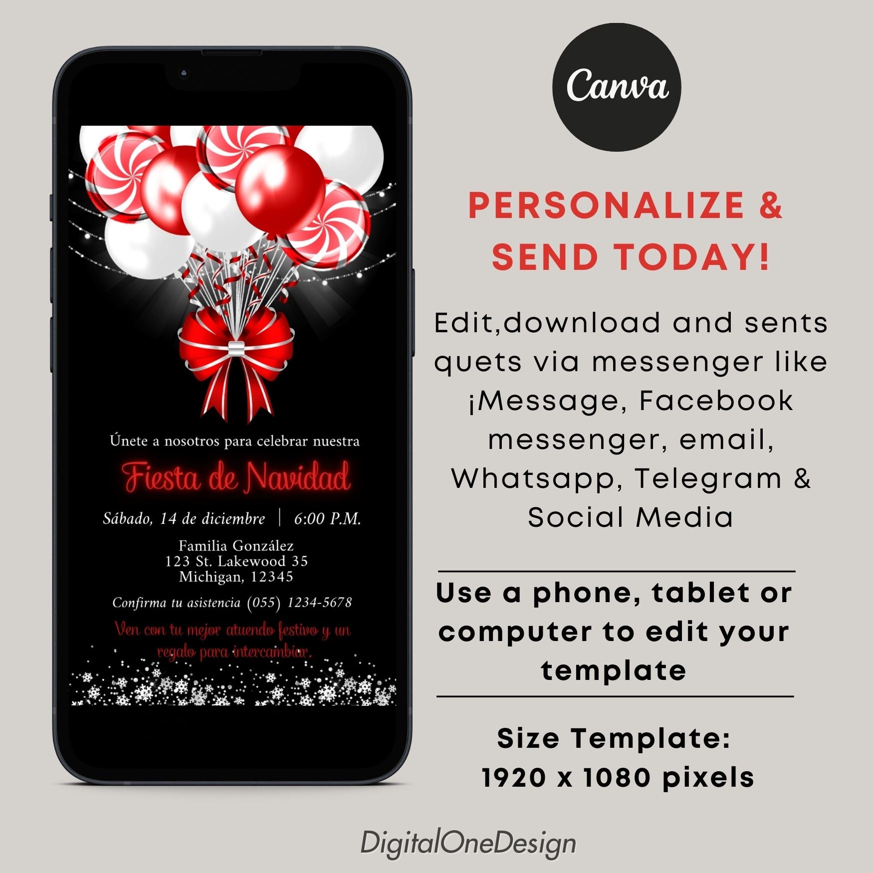 Editable Spanish Red White Candy Cane Balloons Christmas Invitation