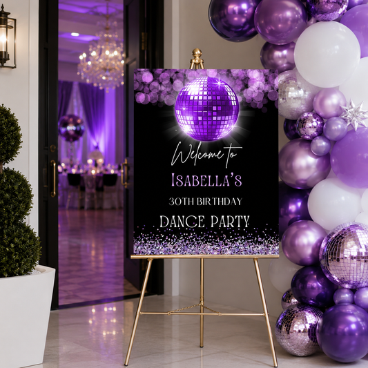 Retro 80s Purple Disco Ball Birthday Party Welcome Sign for Isabella's 30th Dance Party