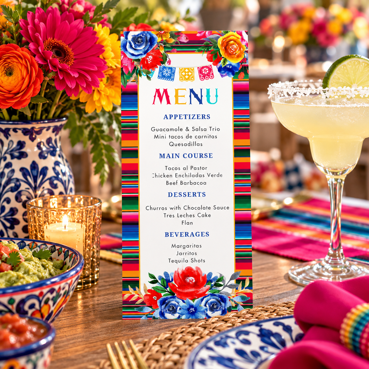 Editable Colorful Mexican Fiesta Menu Card showcasing vibrant food items and designs for a festive celebration.