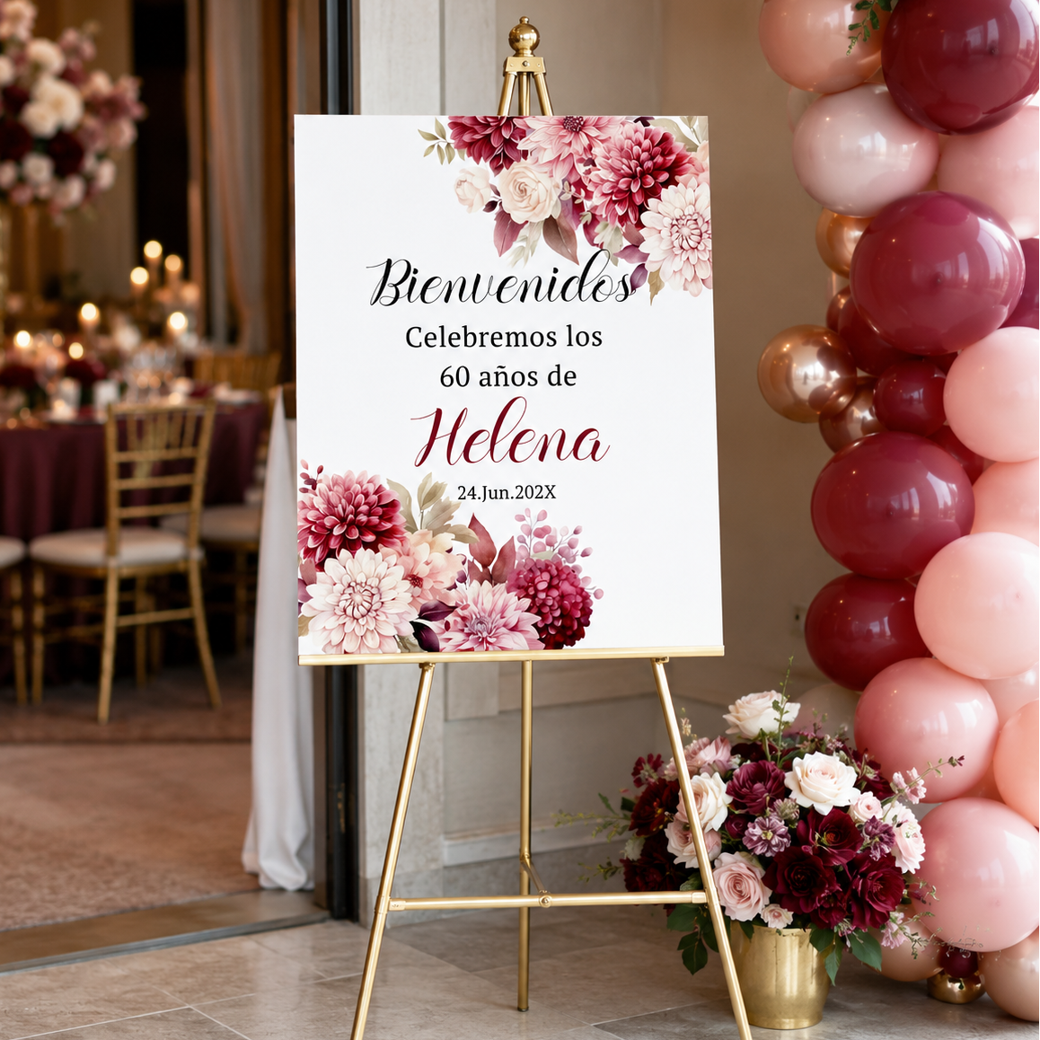Burgundy Pink Floral Spanish Birthday Welcome Sign Template