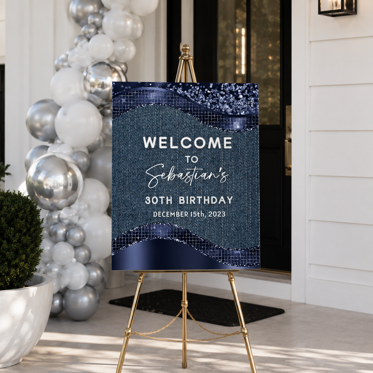 Editable Blue Denim Glitter Birthday Party Welcome Sign displayed at a stylish event entrance.