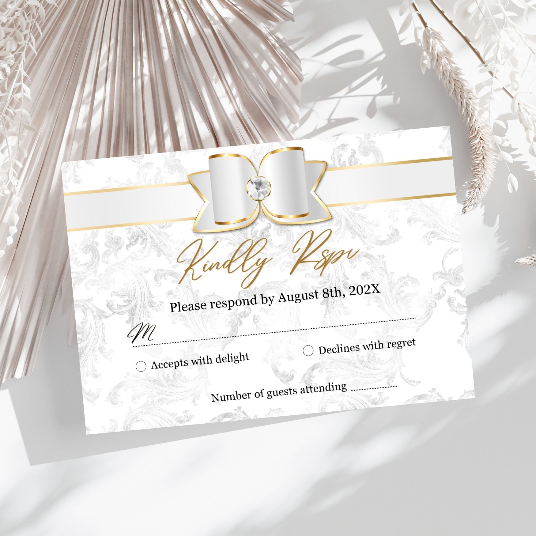Response card with a decorative White and Gold bow on a white background