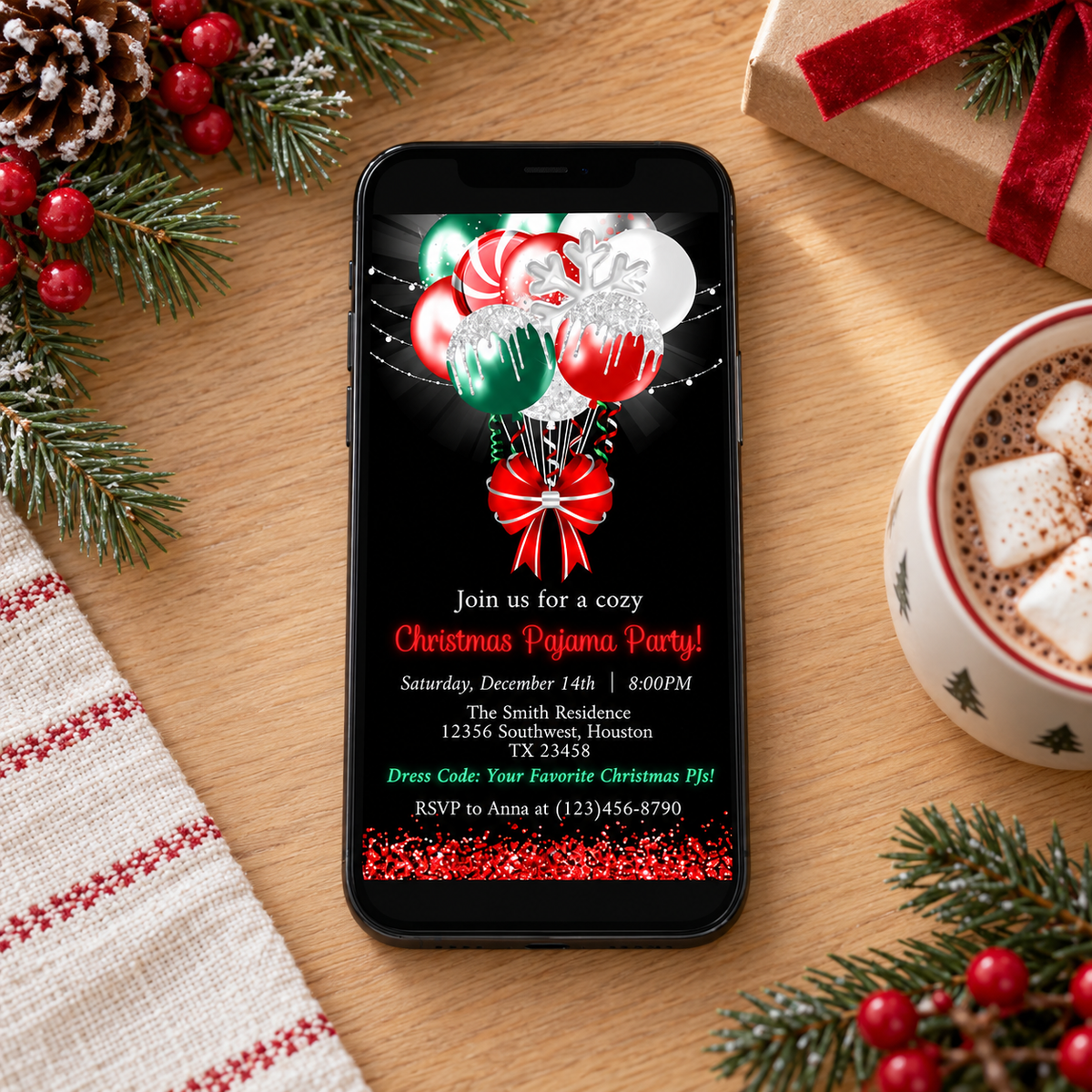 Christmas Pajama Party Invitation with Candy Cane Balloons on a phone with festive decorations.