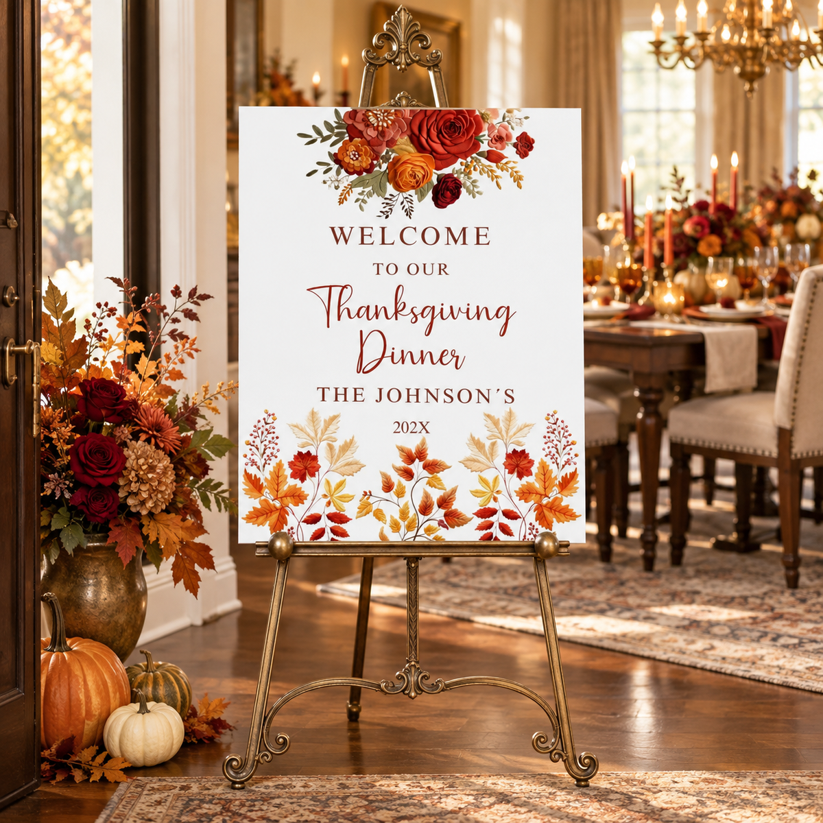 Editable Fall Floral Embroidered effect Welcome Sign for Thanksgiving Dinner with autumn florals.