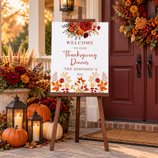 Editable Fall Floral Embroidered effect Welcome Sign displayed at an inviting Thanksgiving entryway.
