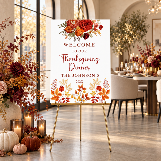 Editable Fall Floral Embroidered effect Welcome Sign for Thanksgiving Dinner with autumn floral design and personalized details.