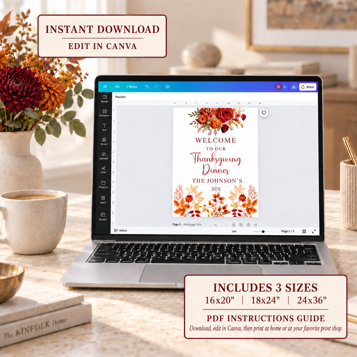 Editable Fall Floral Embroidered effect Welcome Sign displayed on a laptop with autumn florals and customizable text.