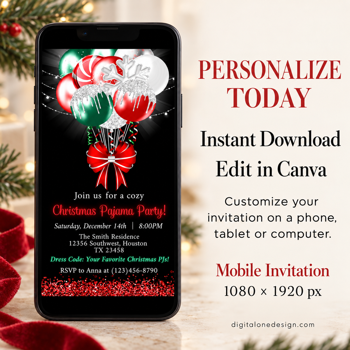 Christmas Pajama Party Invitation with Candy Cane Balloons on a mobile device for easy customization.