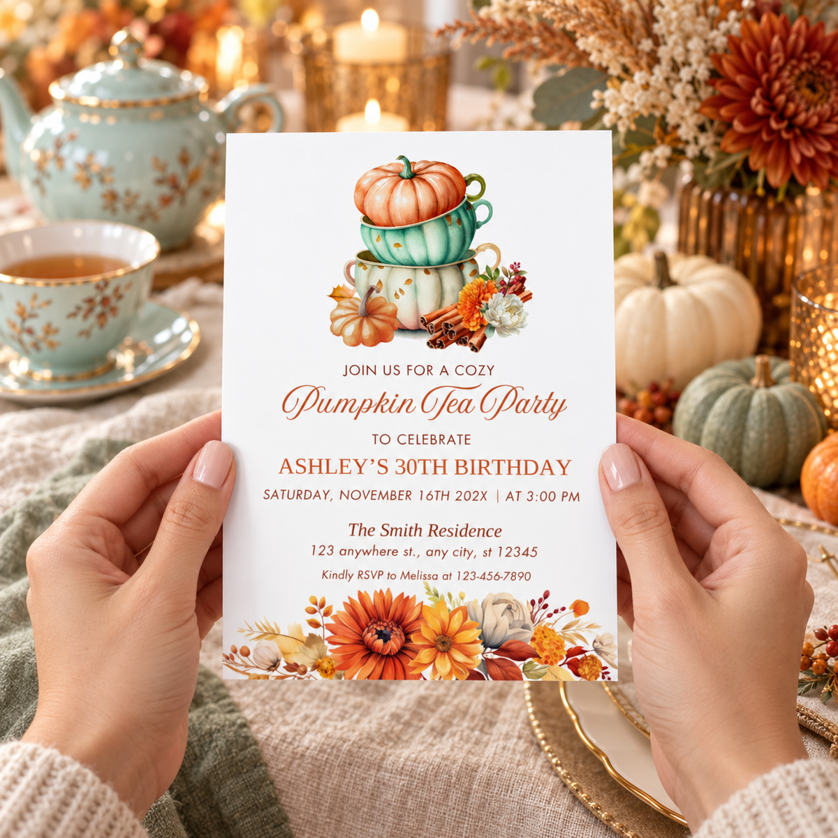 Autumn Pumpkin Tea Party Birthday Invite Floral Tea Cups featuring a cozy tea party invitation with pumpkins and floral designs.