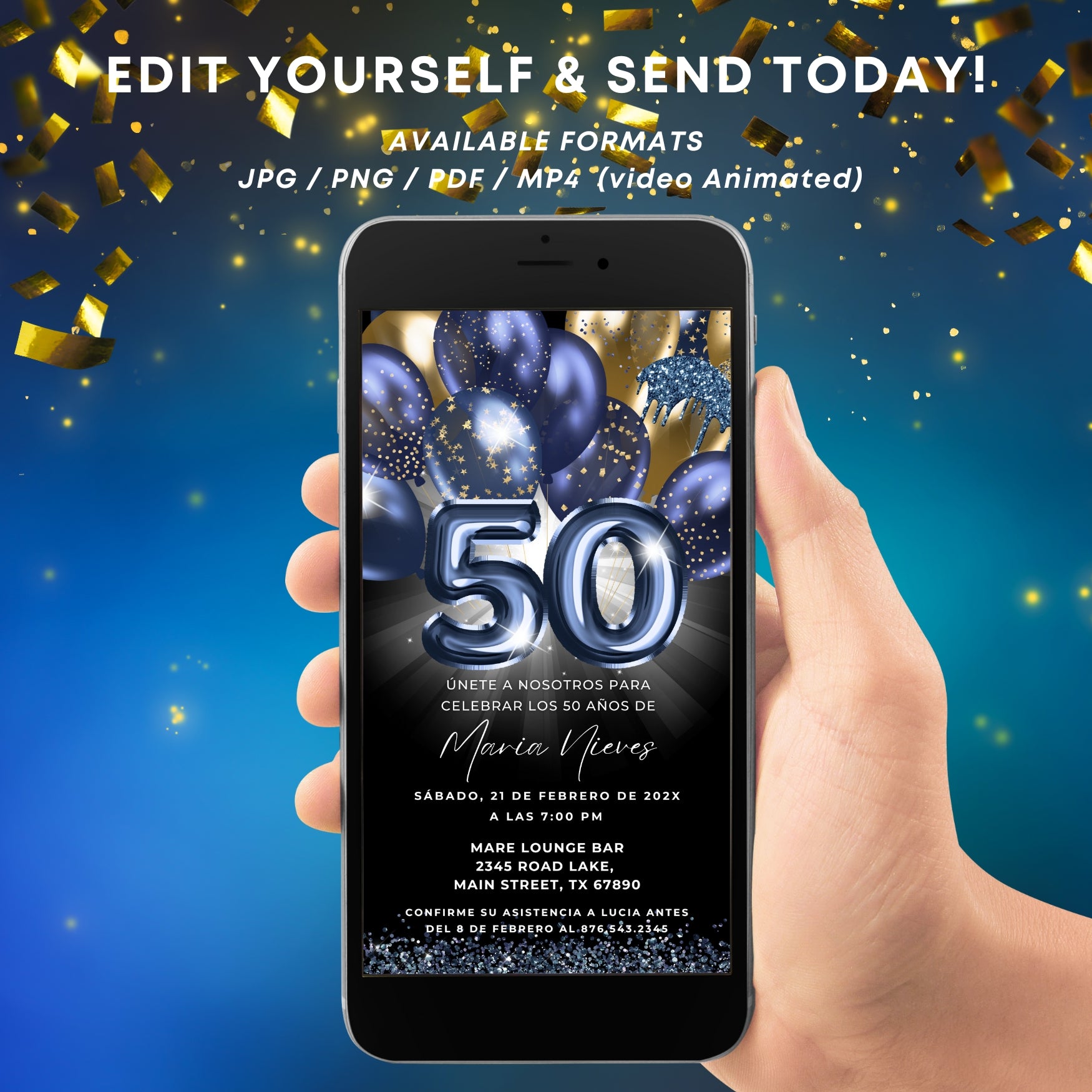 Navy & Gold Balloons Spanish 50th Birthday Invite