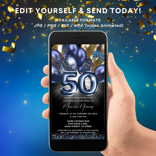 Navy & Gold Balloons Spanish 50th Birthday Invite