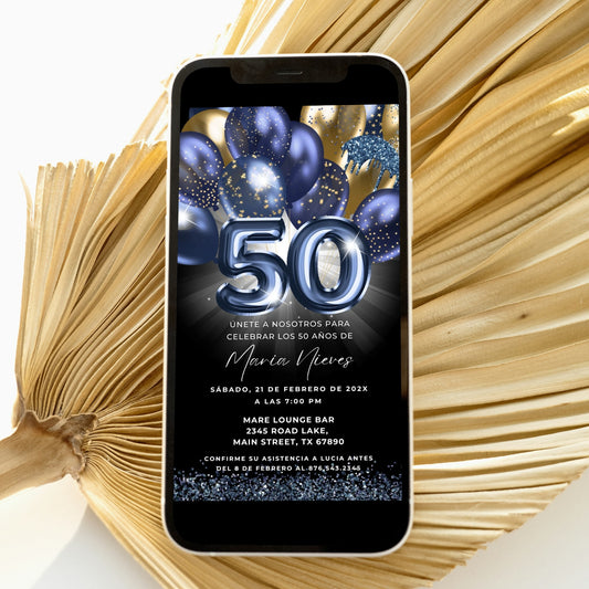 Navy & Gold Balloons Spanish 50th Birthday Invite