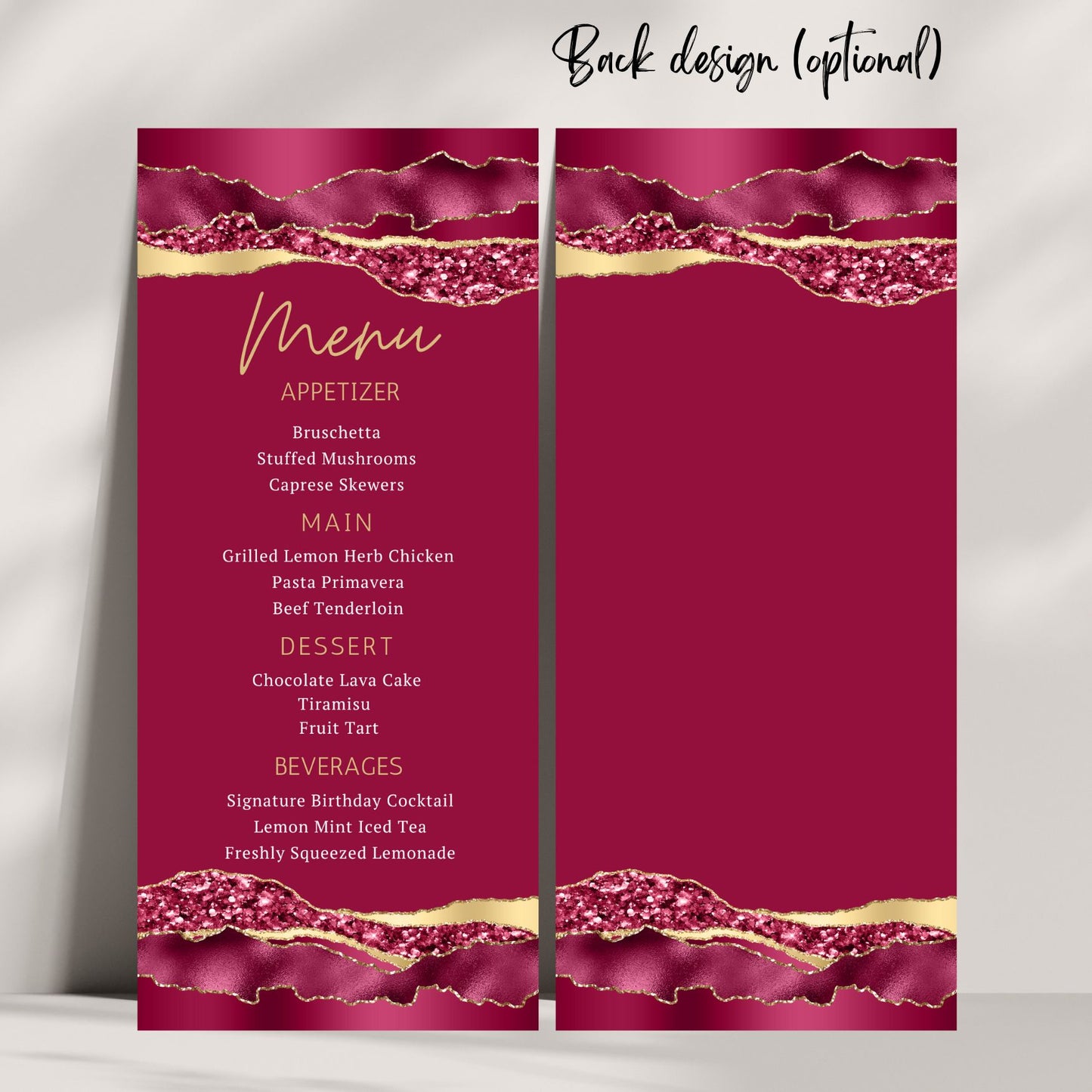 Menu card with a burgundy and gold design on a white background