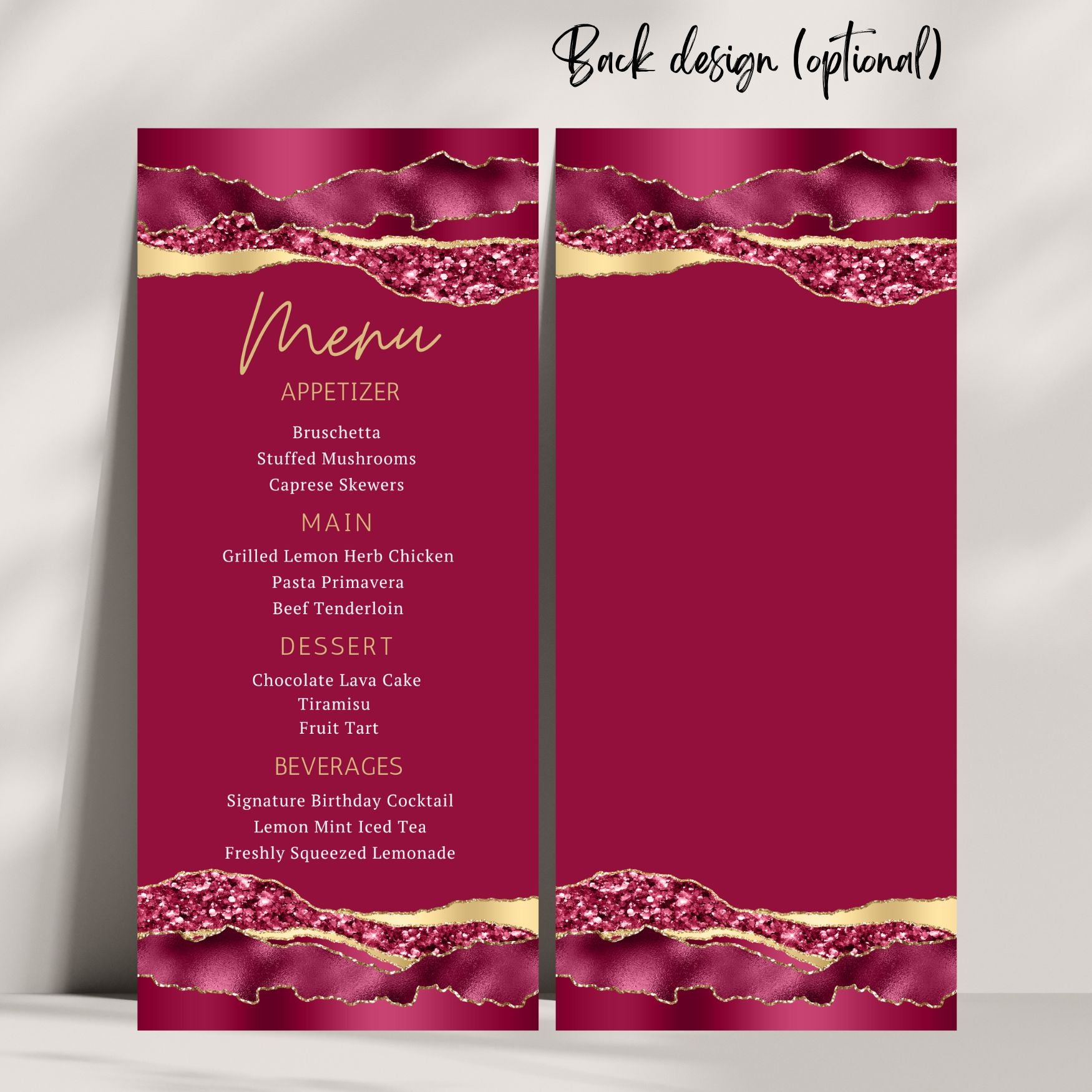 Menu card with a burgundy and gold design on a white background