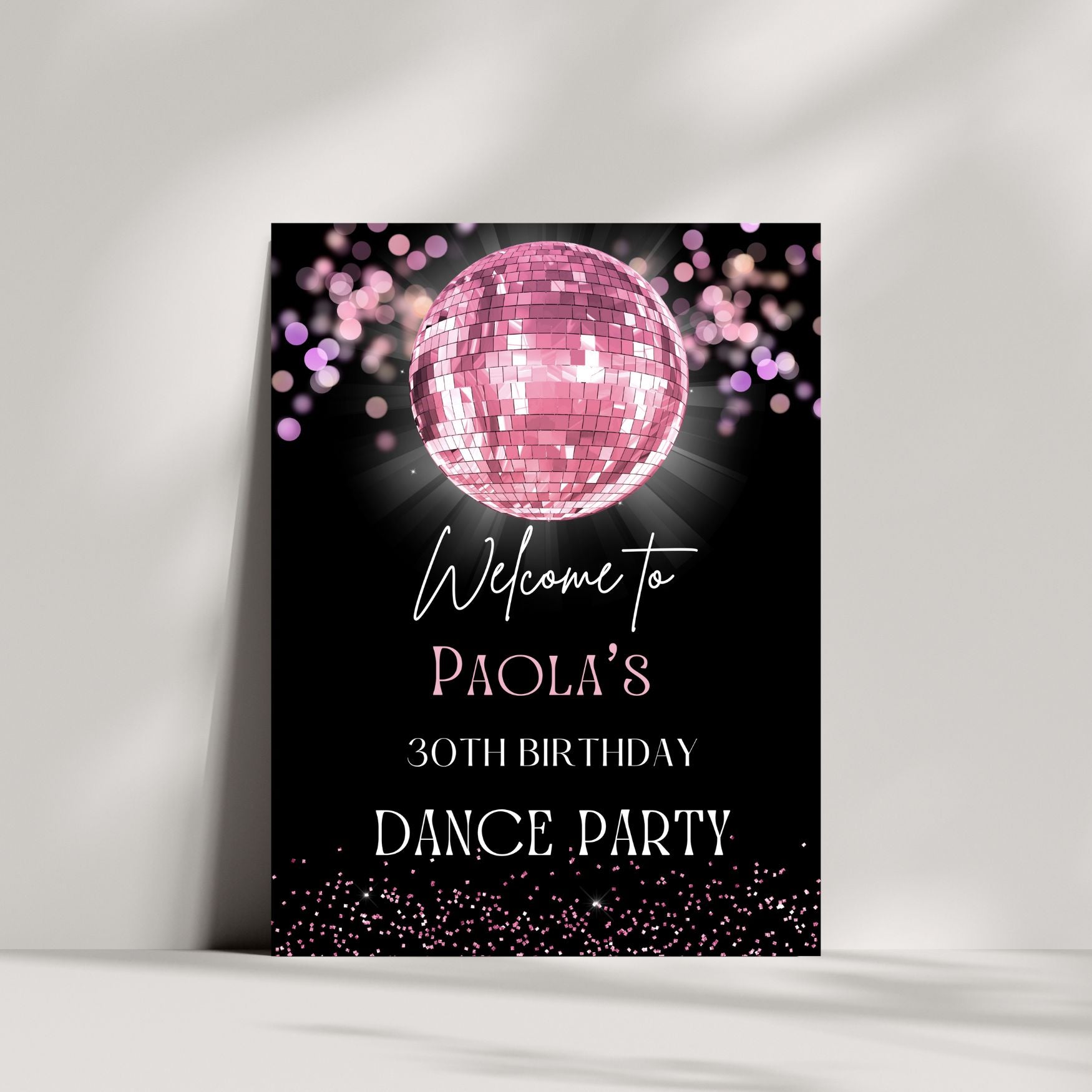 Party sign with pink disco ball and text on a black background