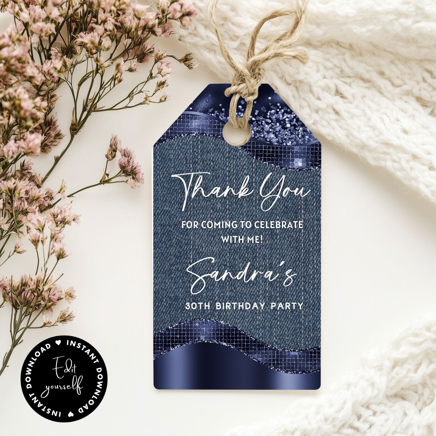 Denim Glitter Thank You Favor Tag Template