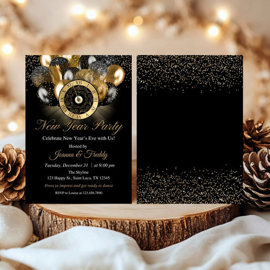 Elegant Black & Gold New Year's Eve Party Invitation