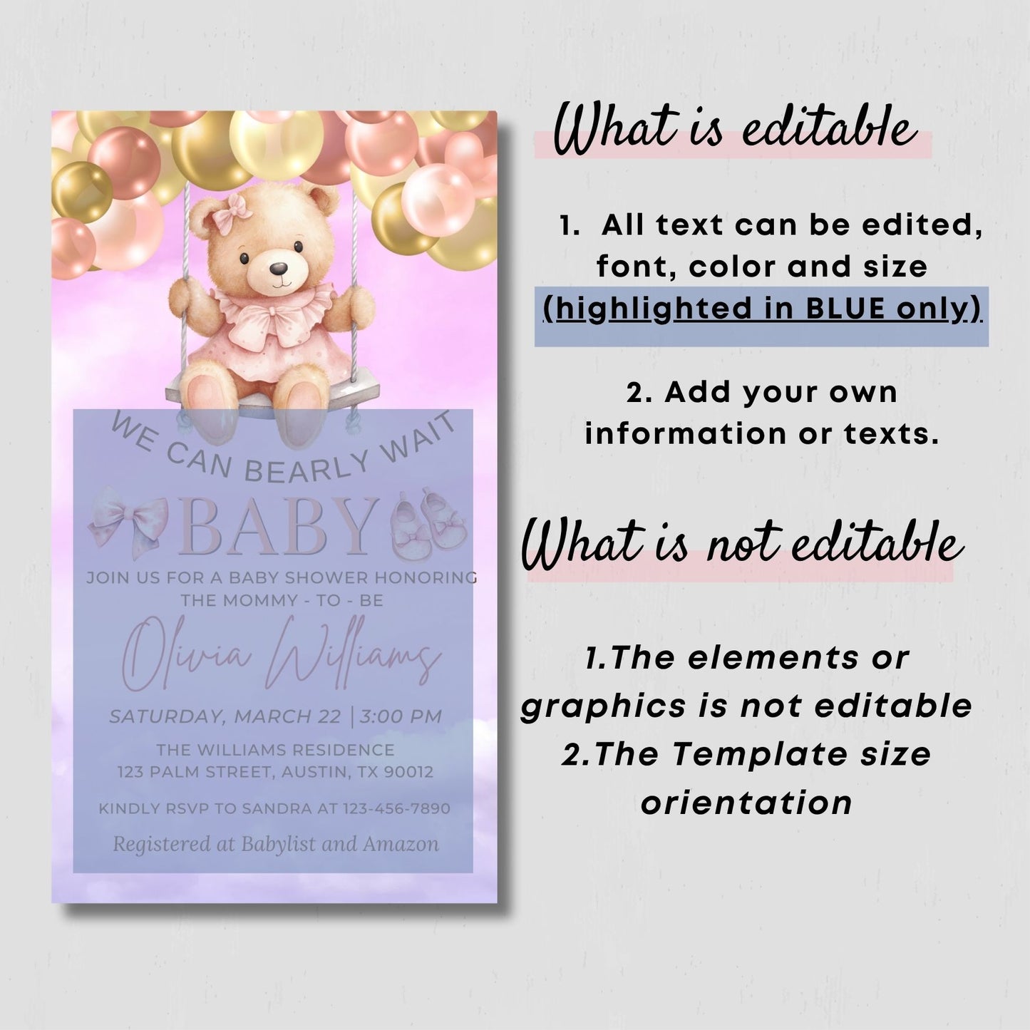 Baby shower invitation with teddy bear and balloons on a light gray background
