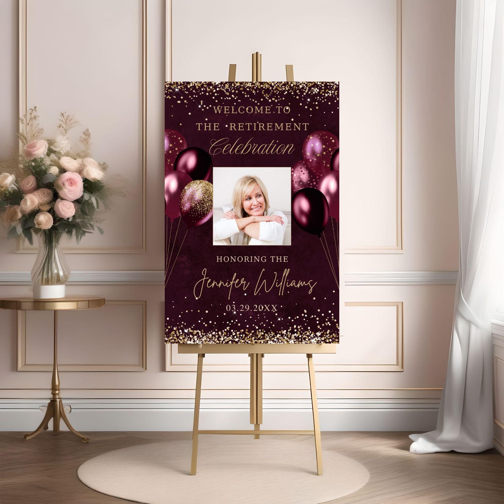 Editable Burgundy and Gold Retirement Welcome Sign