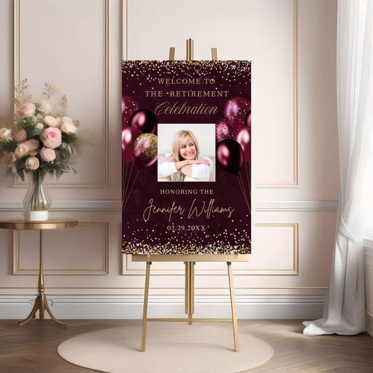 Editable Burgundy and Gold Retirement Welcome Sign