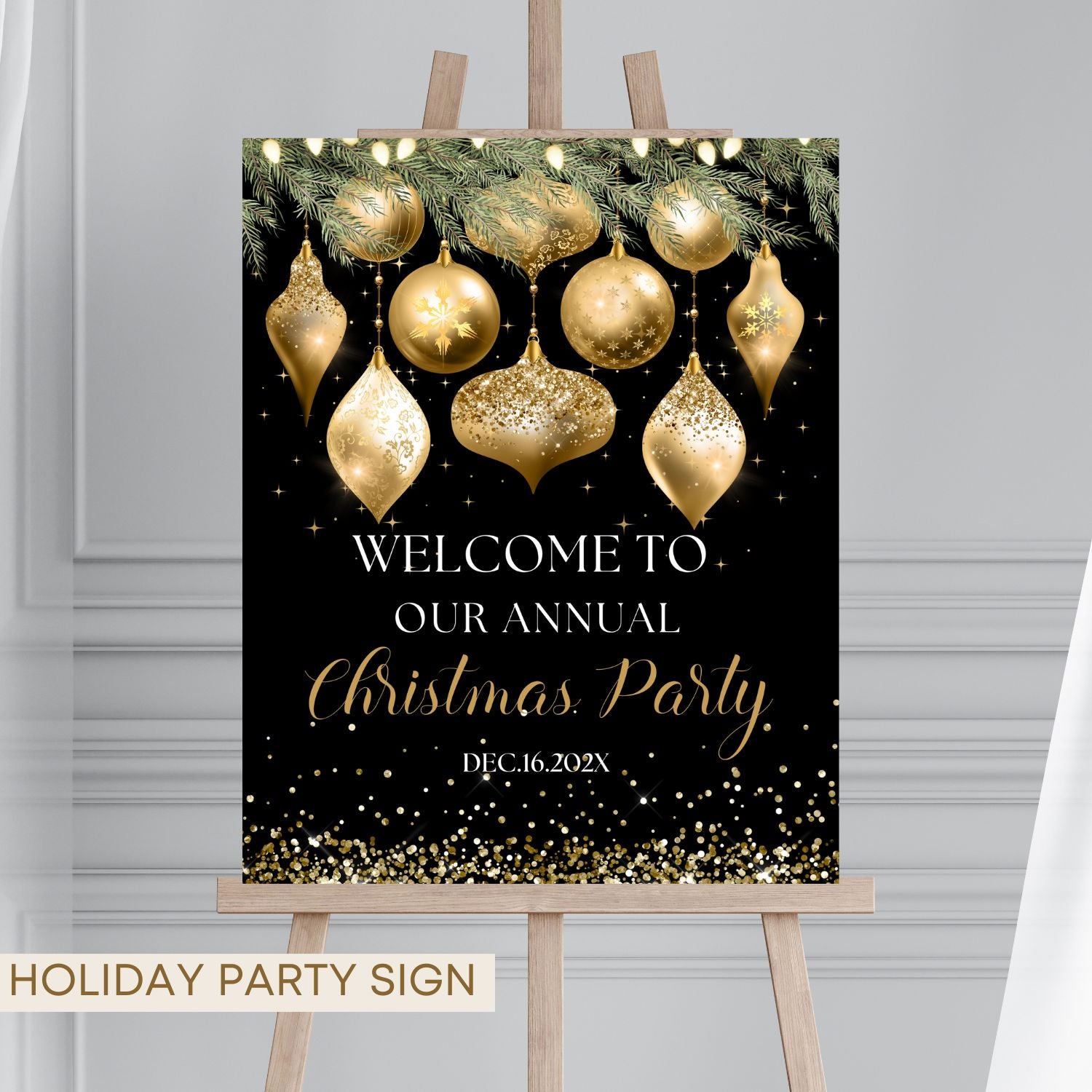 Christmas party sign with gold ornaments on a black background, displayed on an easel.