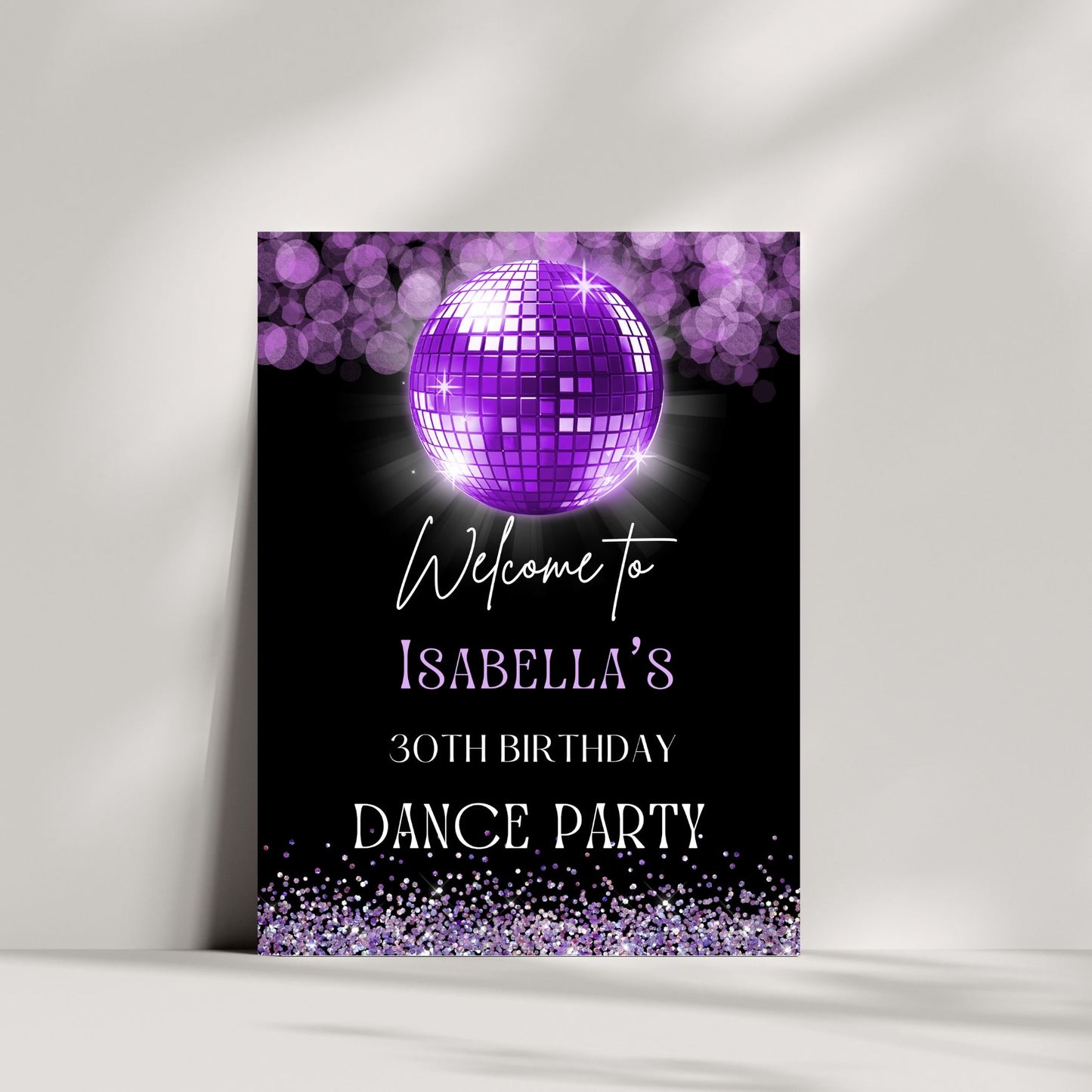 Party welcome sign with purple disco ball and text on a black background