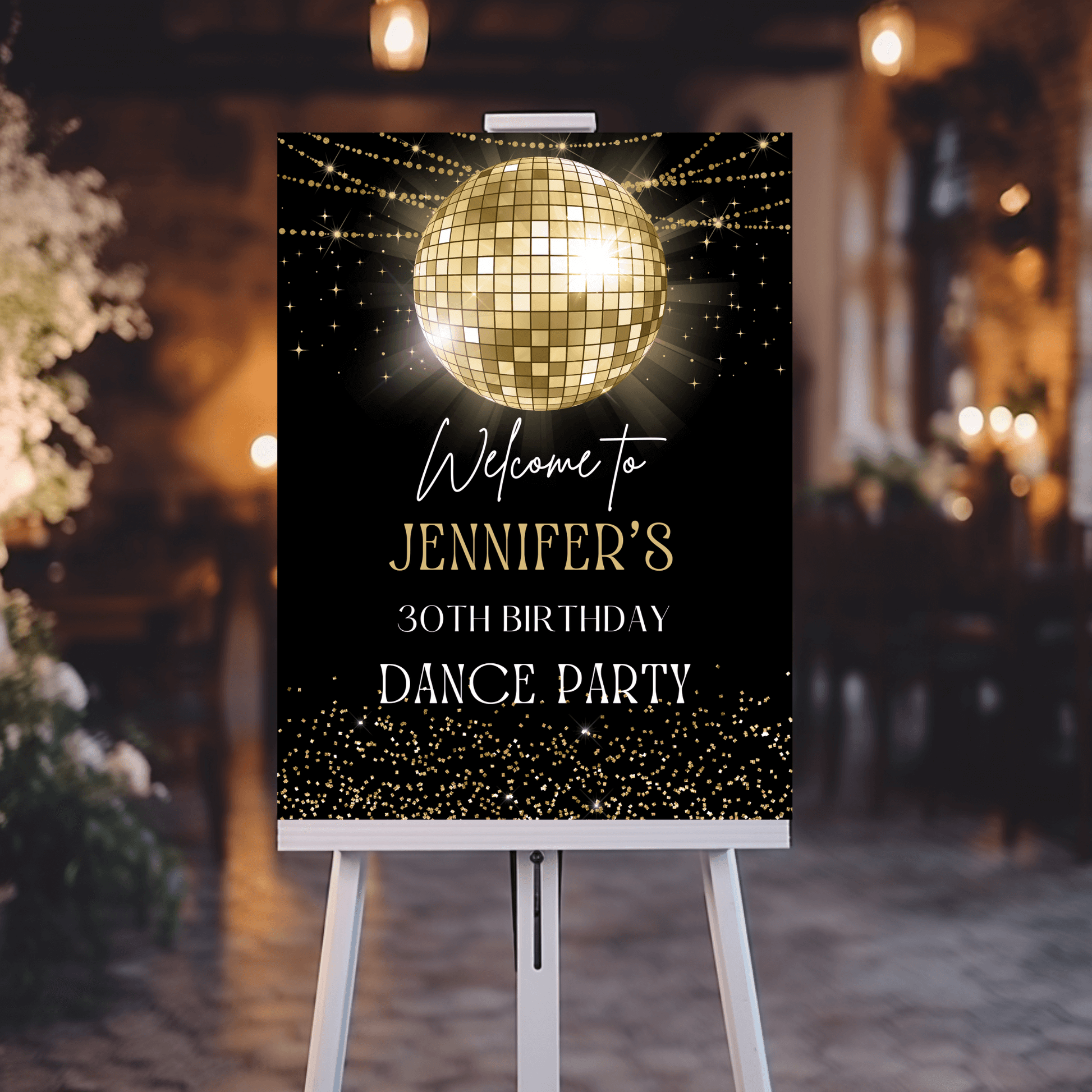 Editable Gold Disco ball Birthday Party Poster Printable