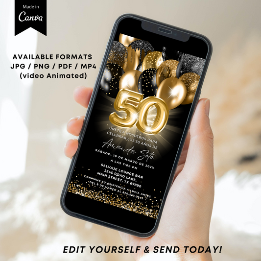 Editable Black and Gold 50th Birthday Invitation template