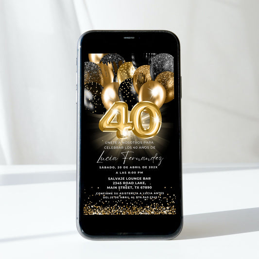 Phone displaying a 40th birthday invitation with gold balloons and text on a black background