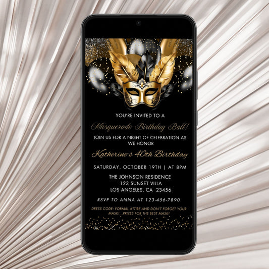 Elegant Black Gold Masquerade Birthday Invitation